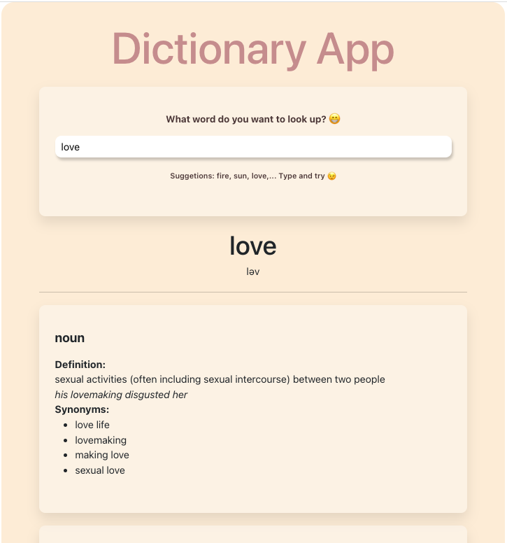 Screenshot of dictionary app with react