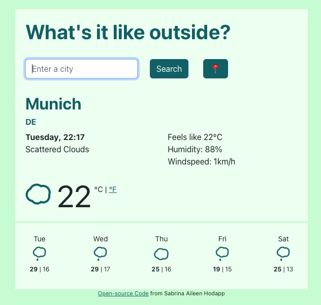 Screenshot of weather app created with react