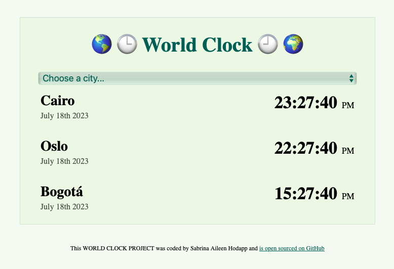 Screenshot of a world clock app created with javascript