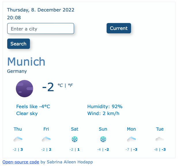 Screenshot of weather app with javascript